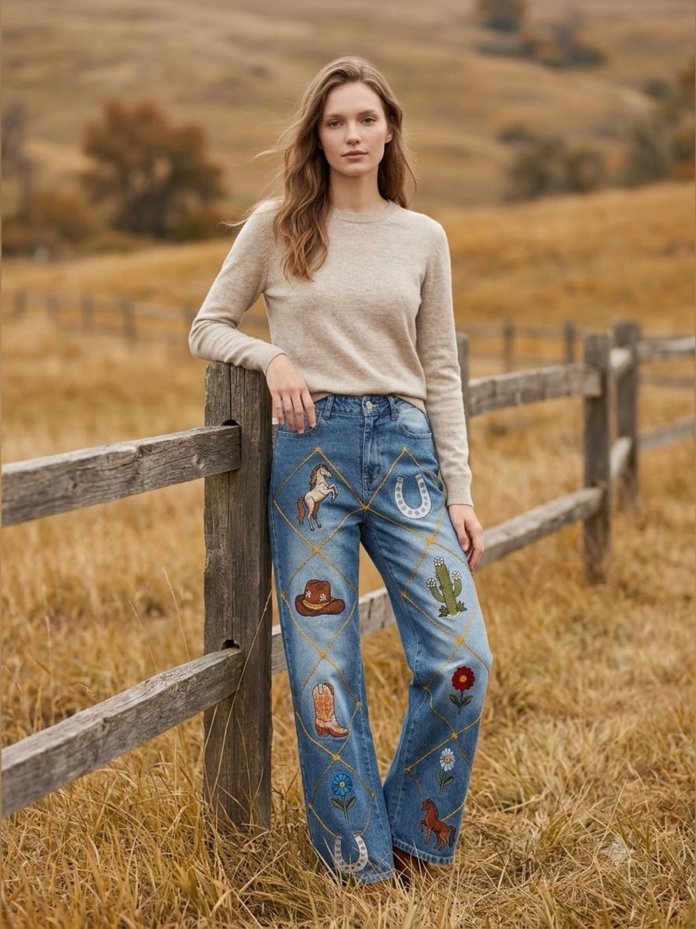 NWT Embroidered Western Motif Straight-Leg Jeans — Blue